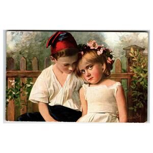 1908 Raphael Tuck Oilette Postcard German Peasant Children Flower Wreath